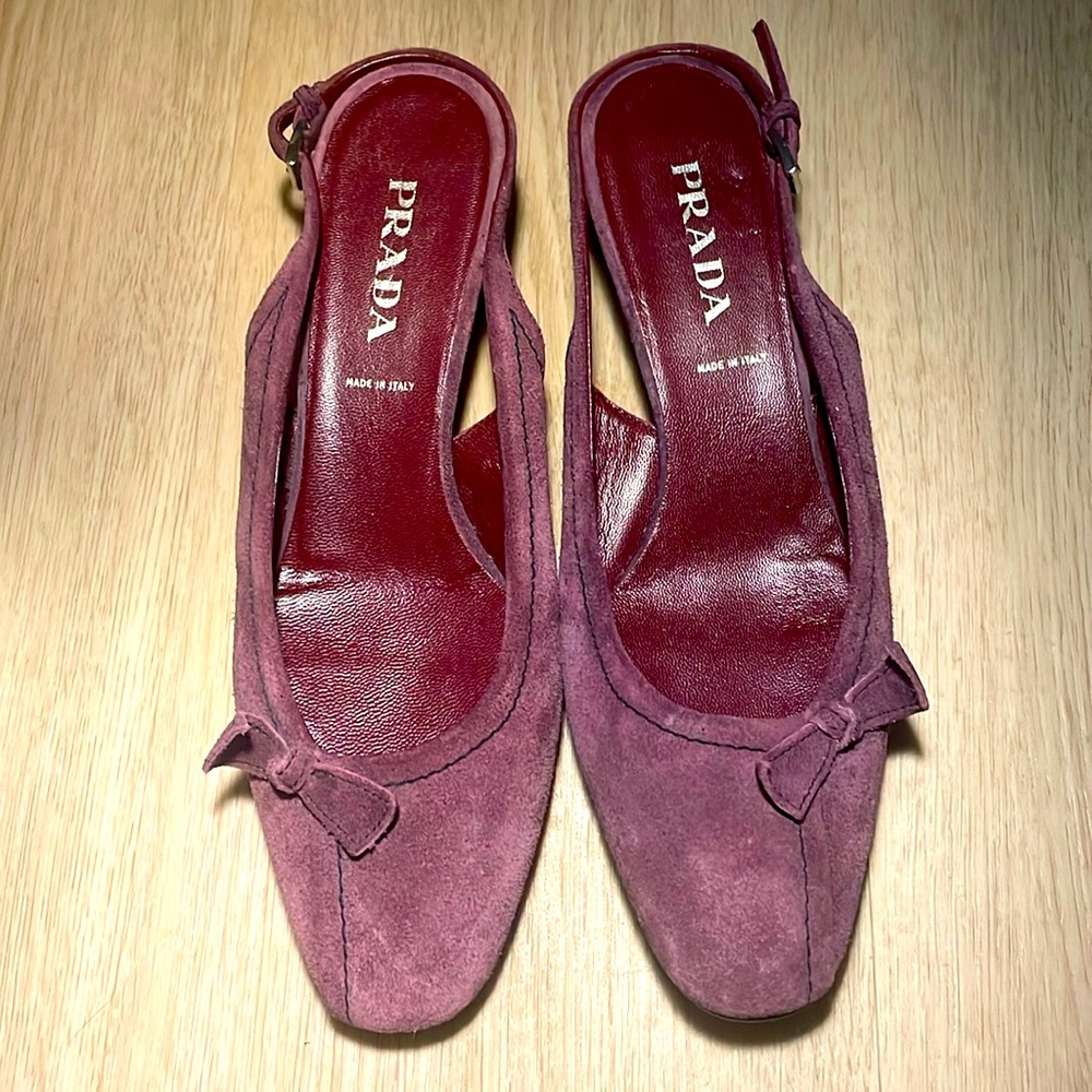 Authentic Prada New Suede Size 36.5 Made in Italy Plume Color Sling Backs